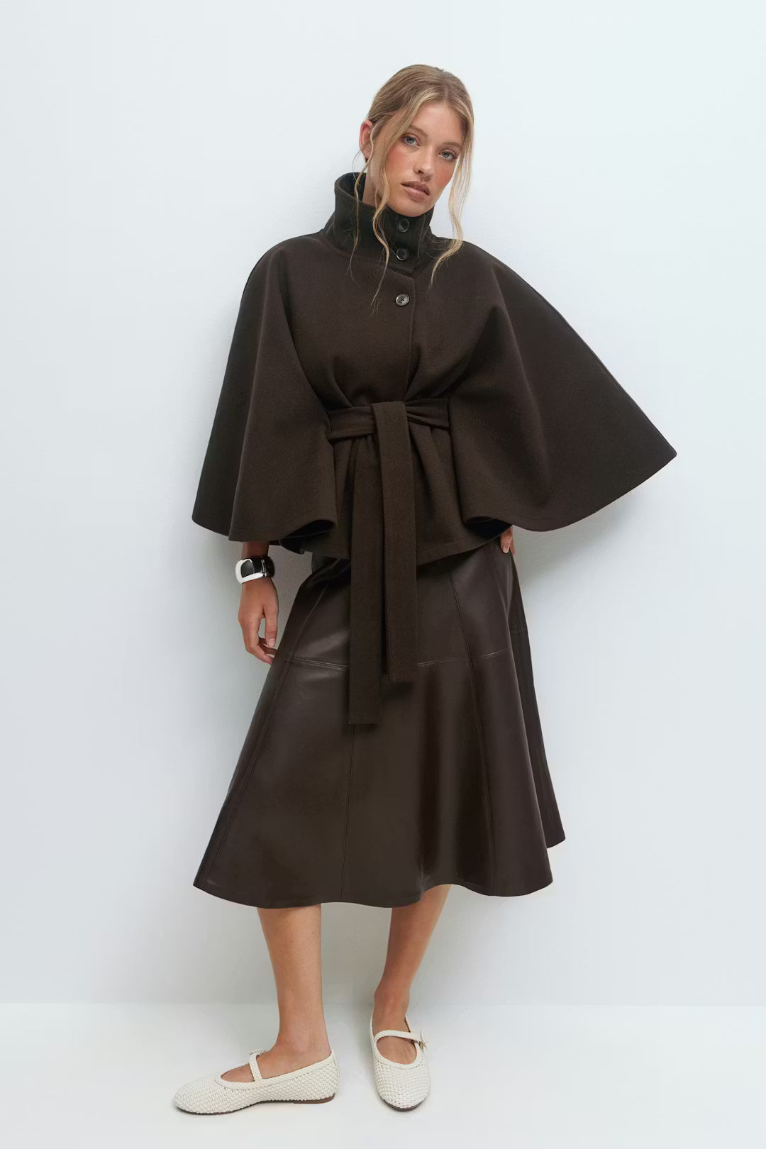 Women's Elegant Batwing Sleeve Trench Coat - High-Neck Woolen Cape Jacket with Waist Belt