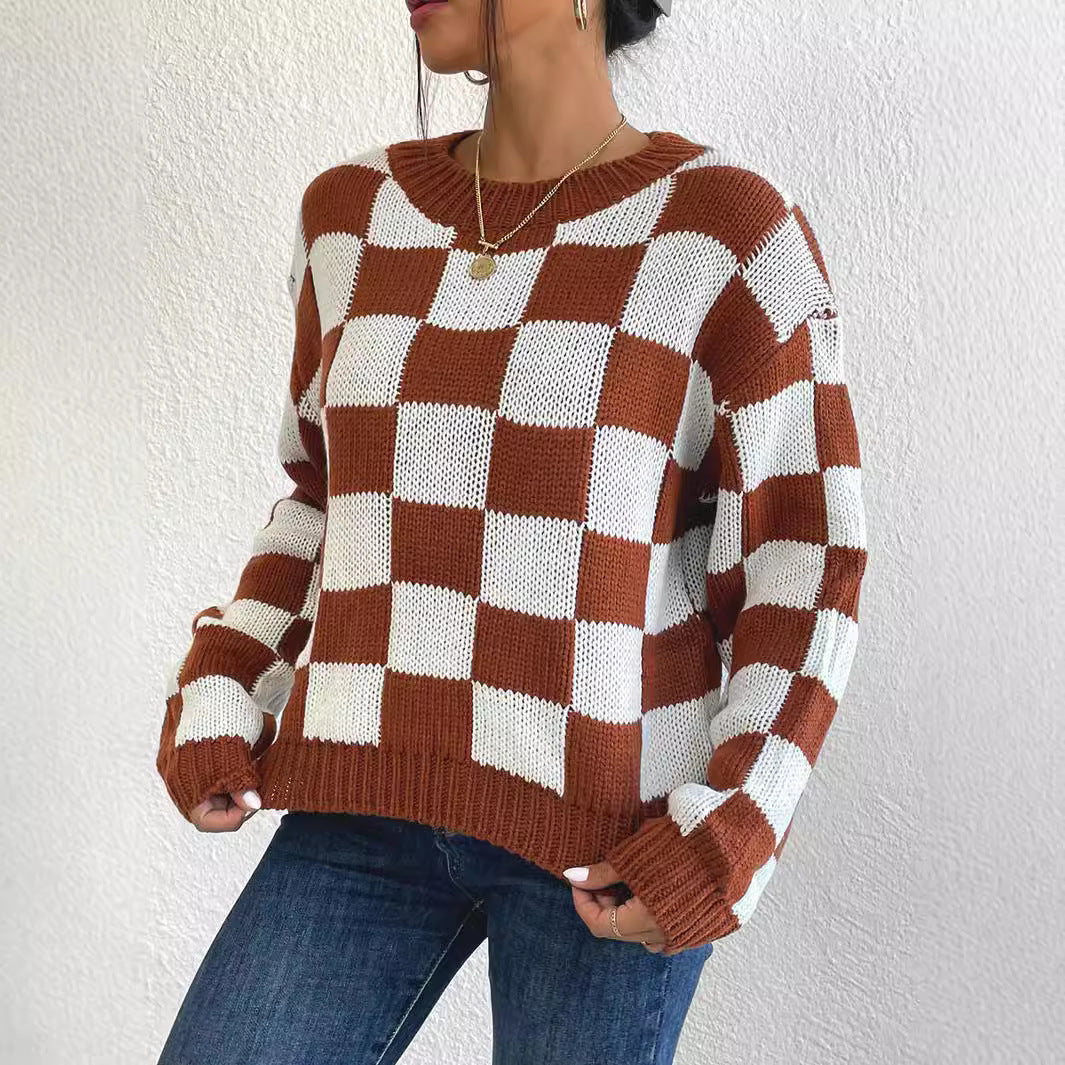 Checkerboard Color-Block Knit Sweater - Oversized Loose Fit Pullover