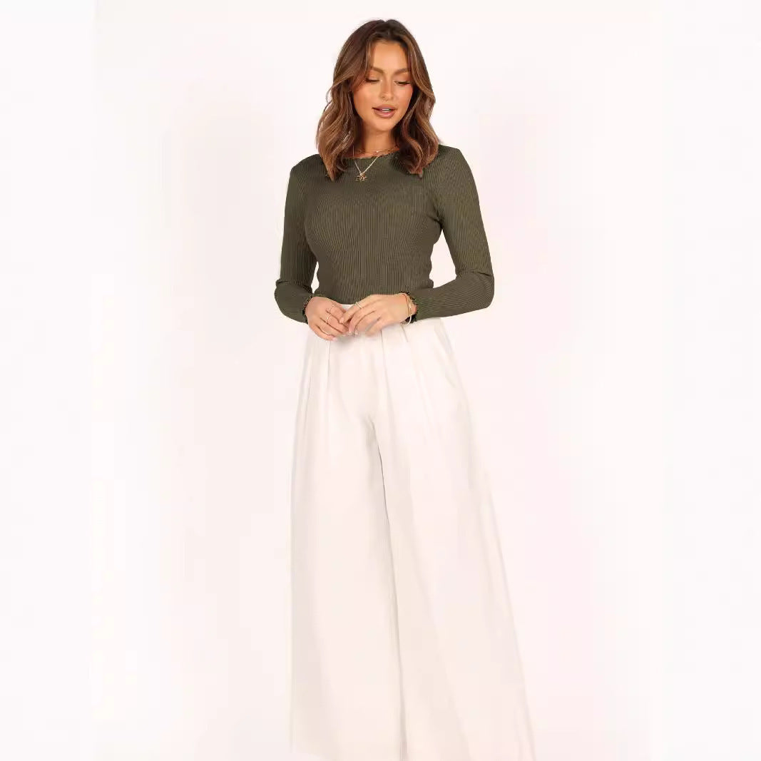 Women's Ribbed Round Neck Slim-Fit Top - Long Sleeve Lettuce Trim Tee - Multiple Colors