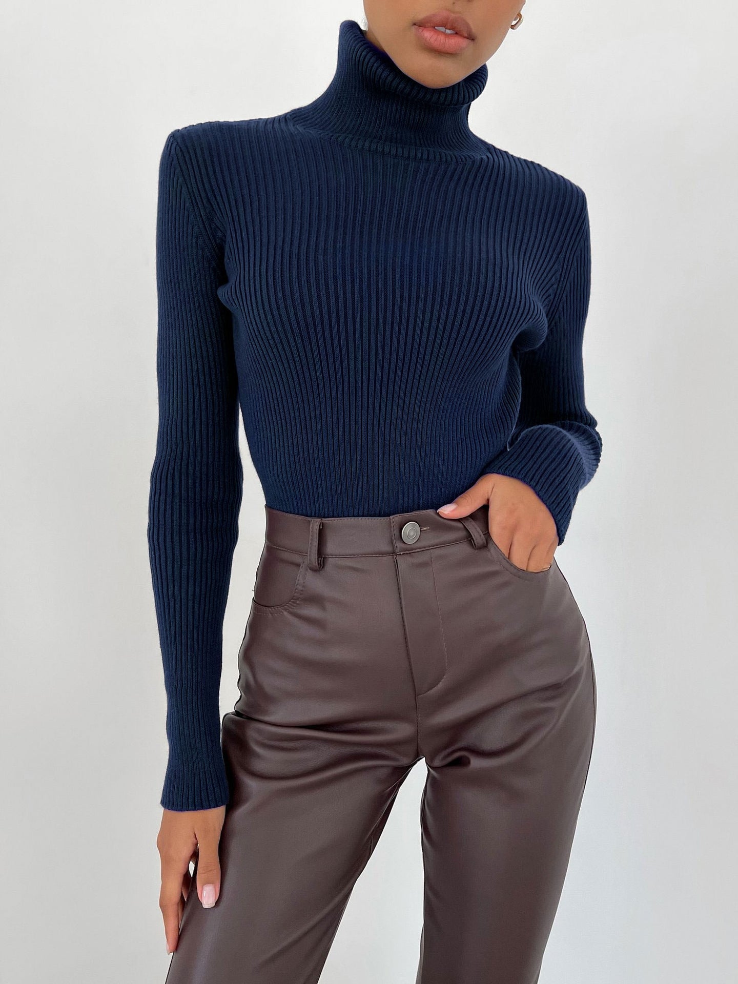 Women's Ribbed Turtleneck Knit Sweater - Slim Fit Long Sleeve Winter Pullover