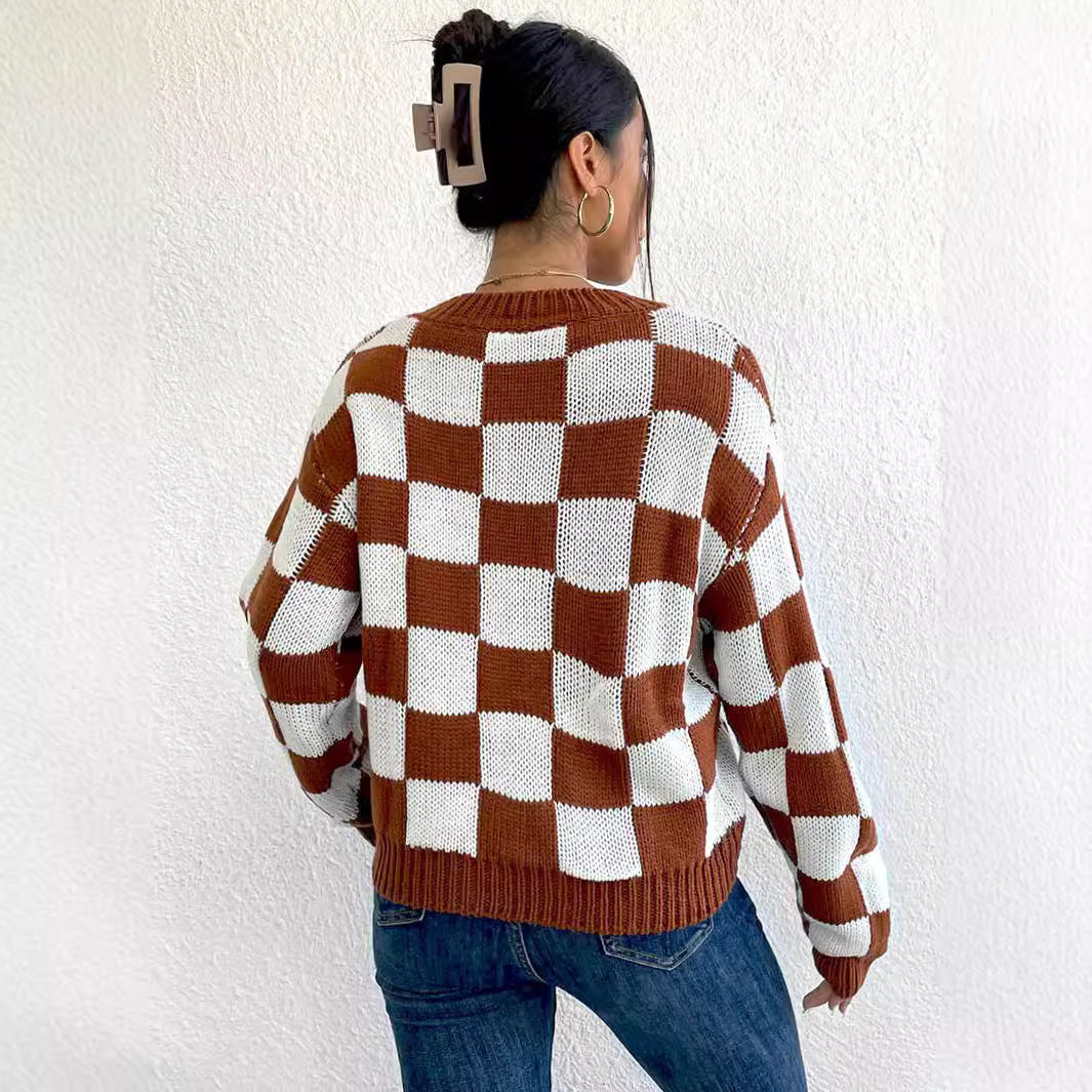 Checkerboard Color-Block Knit Sweater - Oversized Loose Fit Pullover