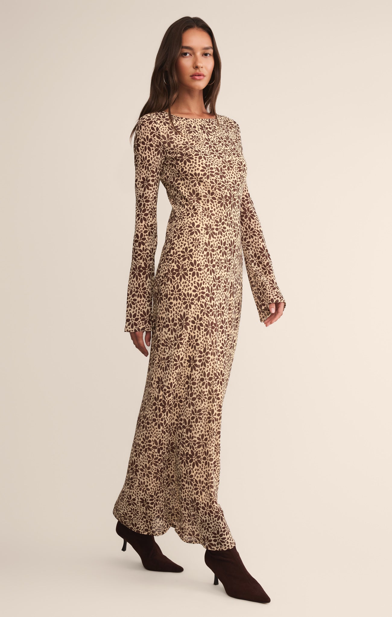 Campbell Floral Maxi Dress - Women's Long Sleeve Boat Neck Crepe Evening Dress