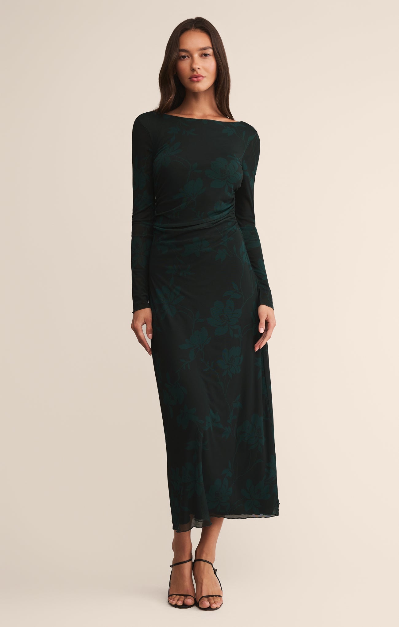 Spellbound Floral Mesh Midi Dress - Women's Long Sleeve Fitted Printed Sheer Dress