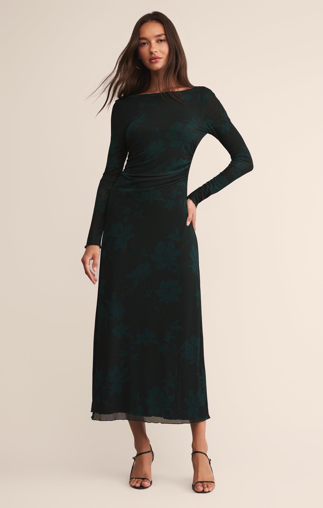 Spellbound Floral Mesh Midi Dress - Women's Long Sleeve Fitted Printed Sheer Dress