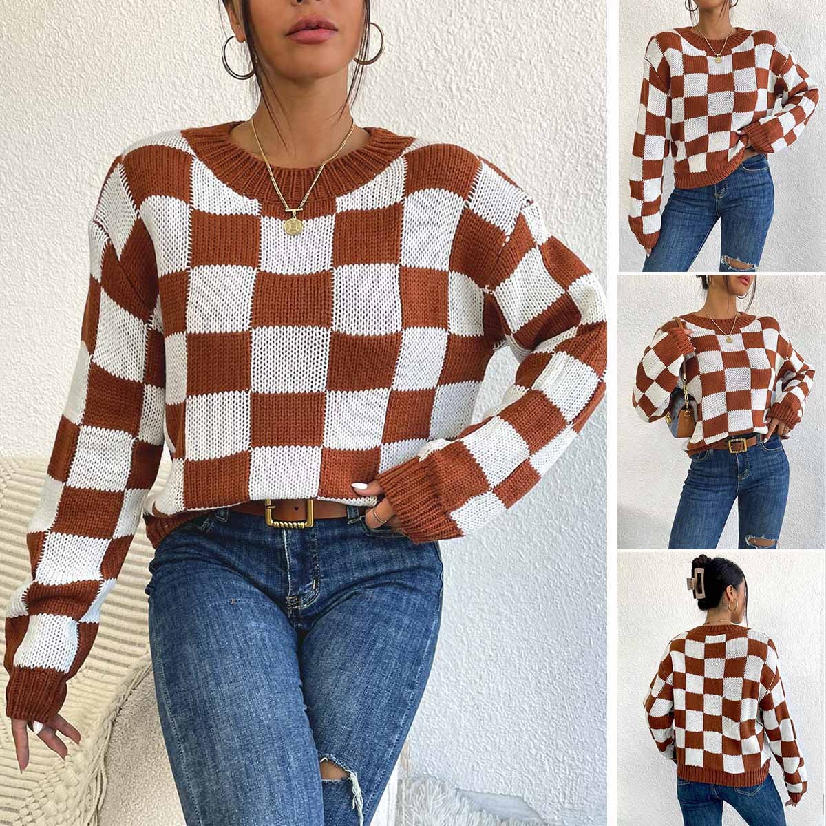 Checkerboard Color-Block Knit Sweater - Oversized Loose Fit Pullover