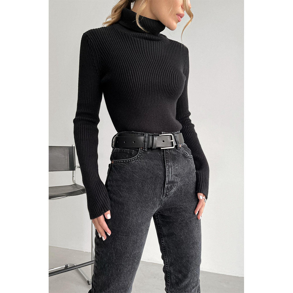 Women's Premium Ribbed Turtleneck Sweater - Slim Fit Long Sleeve Knit Pullover