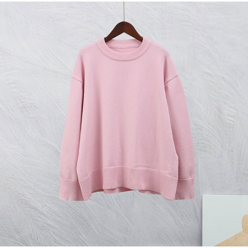 Women's Sweet Pink Crew Neck Winter Pullover - Oversized Loose-Fit Knit Sweater - Casual Drop Shoulder Top