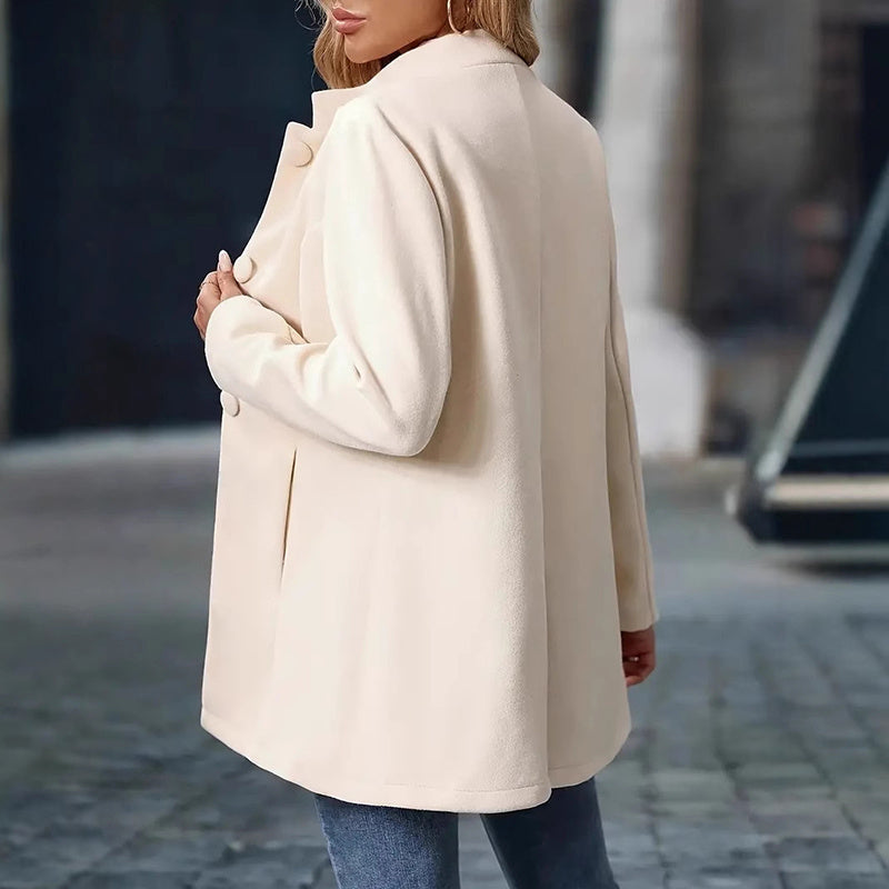 Women’s Elegant Stand Collar Winter Coat - Premium Beige Wool Blend